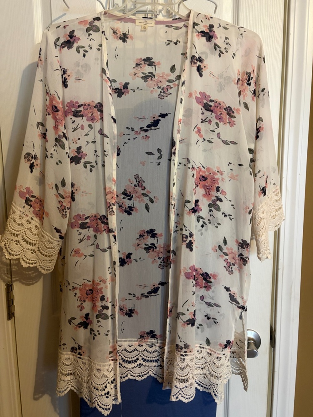 Floral Lace-Trim Sheer Kimono Cardigan - Cream with Pink Floral